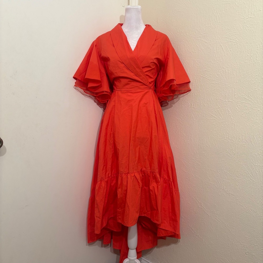 NWT Orange Ruffle Sleeve High Low Wrap Dress Fall Retro Maximalist Ruffle L